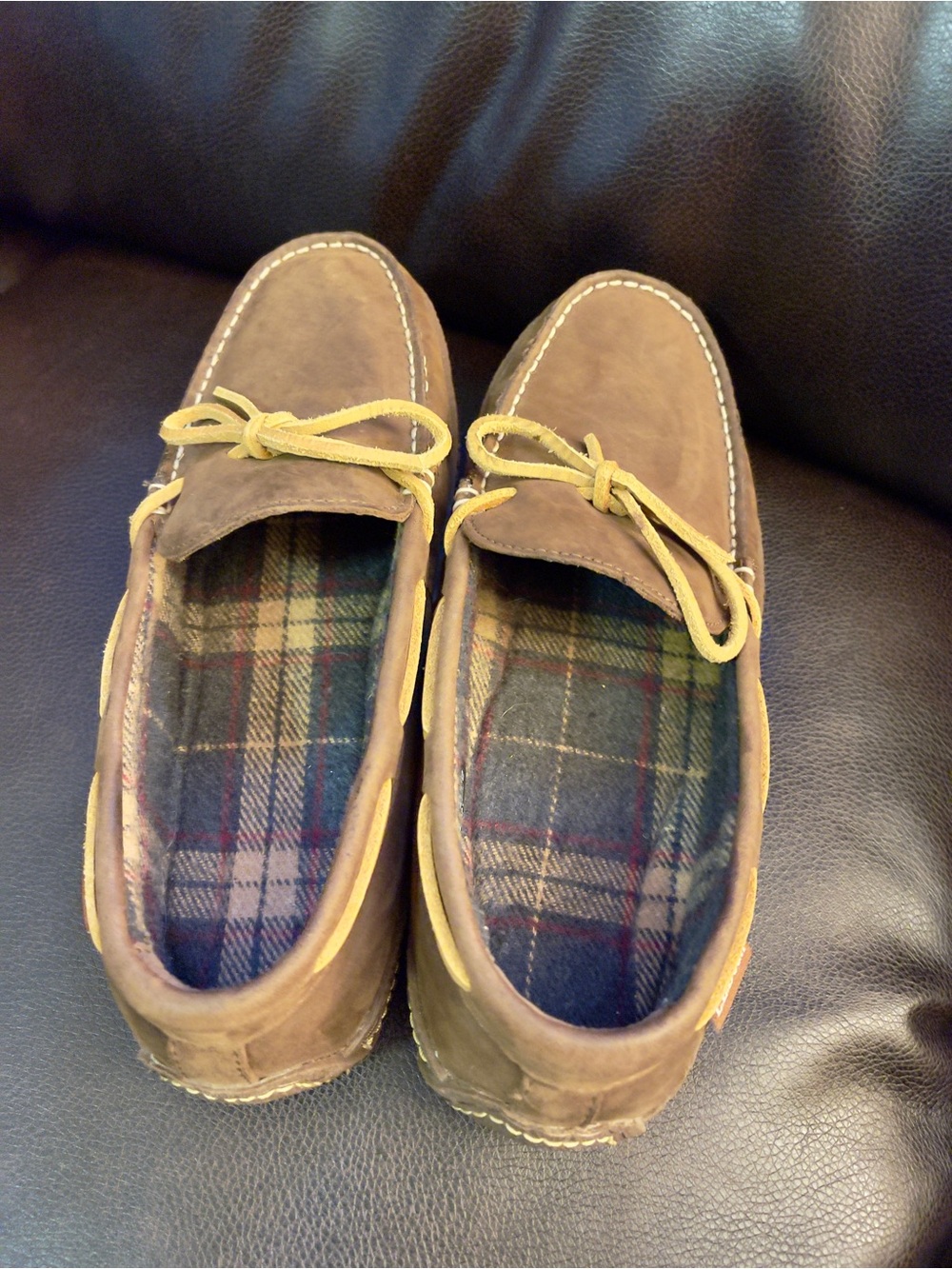 L.L. Bean Men’s Brown Leather Moccasin Loafers with Plaid Lining